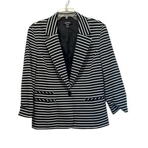 Nine West Black White Striped Blazer Jacket One Button Ruched Sleeves Size 14